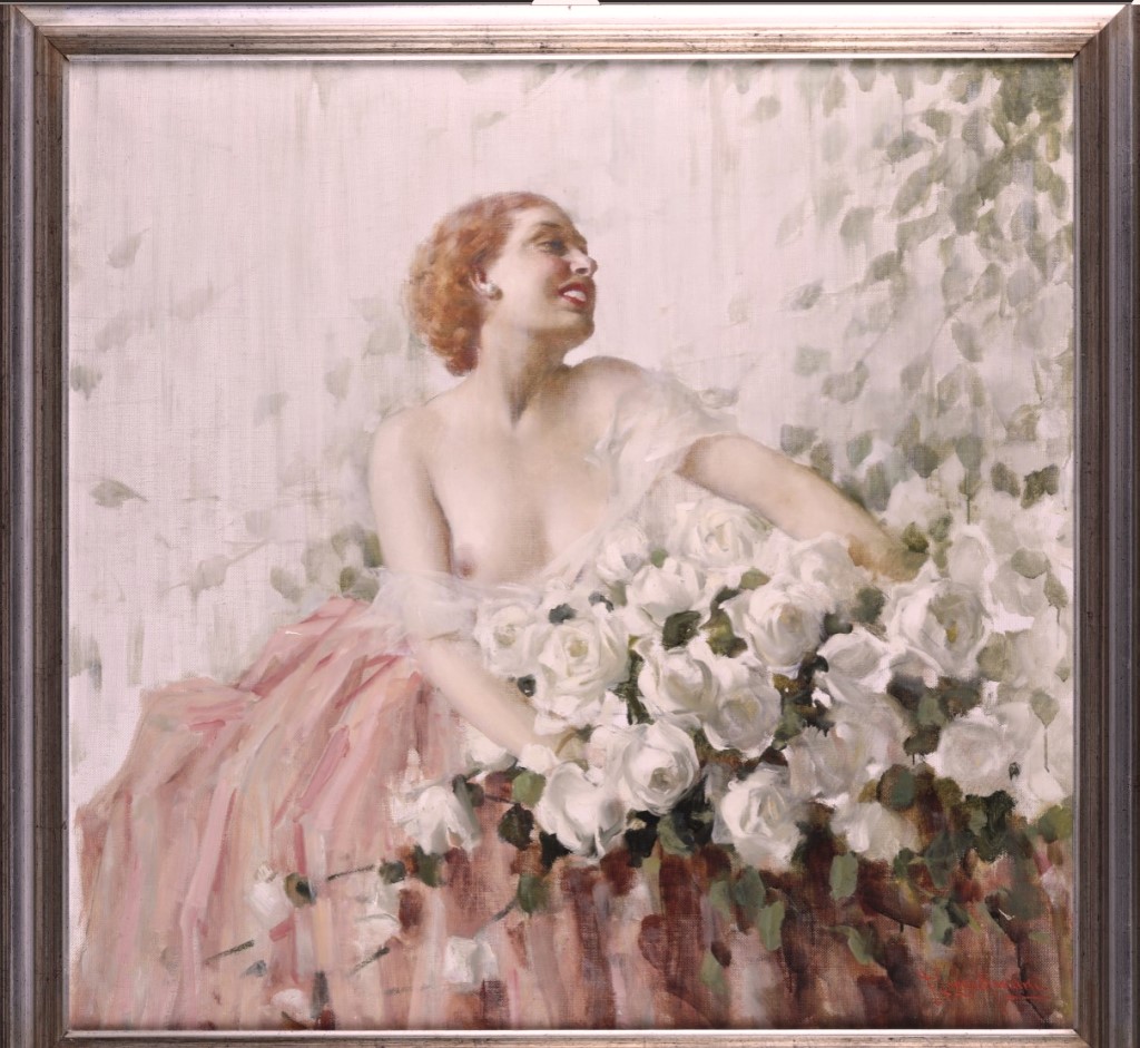 Francesco Logo Mancini - Femme aux roses Blanches - circa 1930 - huile sur tole - 96 x 100 CM