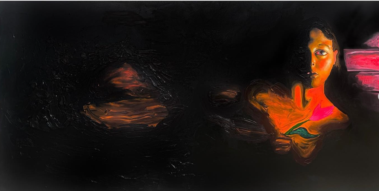 “WHAT I WANT, WHAT I NEED, HOW I FEEL NOW.” Oil and acrylic on canvas. 36 x 76 inches